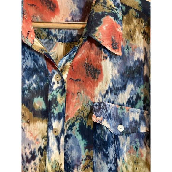 CJ Banks Top Womens 1X Watercolor Art To Wear Button Up Semi Sheer Artsy Flowy - Picture 4 of 14